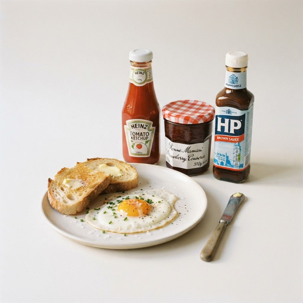 Ketchup, jam and brown sauce bottles for Sunday brunch